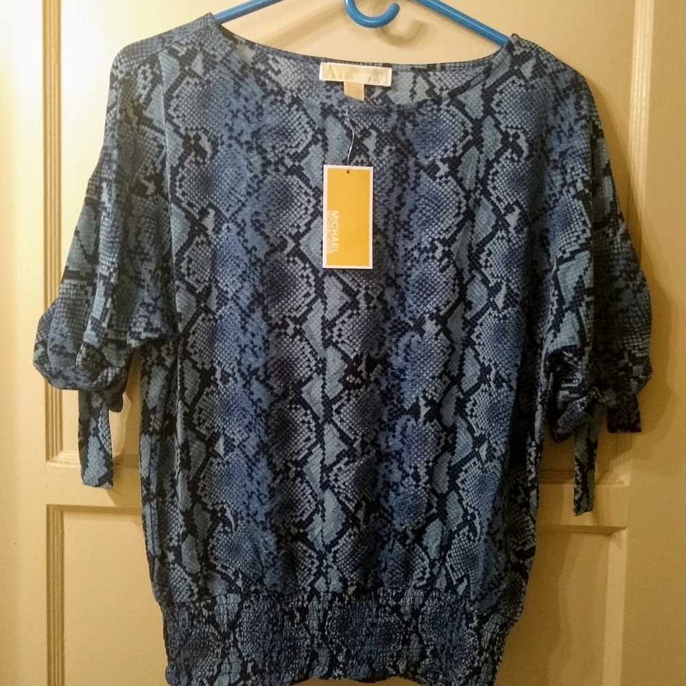 NWT Michael Kors Snakeskin Boxy Short Sleeve Ribbed Waist Blue Blouse Women XS